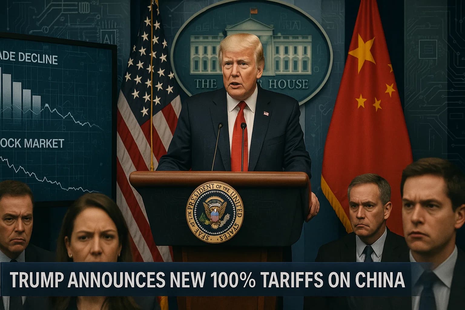 Trump hits China with 100% tariffs, curbs critical software exports amid escalating US-China trade tensions.