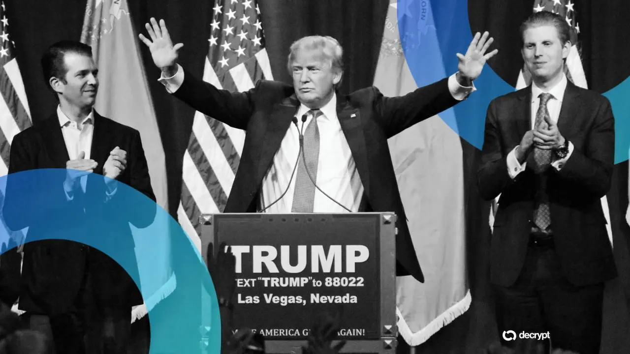 U.S. President Donald Trump (center) with sons Donald Jr. (left) and Eric (right). Image: Decrypt/Shutterstock