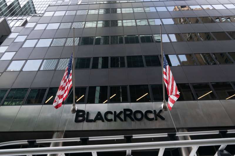 Flags fly on the front of BlackRock headquarters, Wednesday, Jan. 13, 2021, in New York. . Credit: AP Photo/Mark Lennihan, File